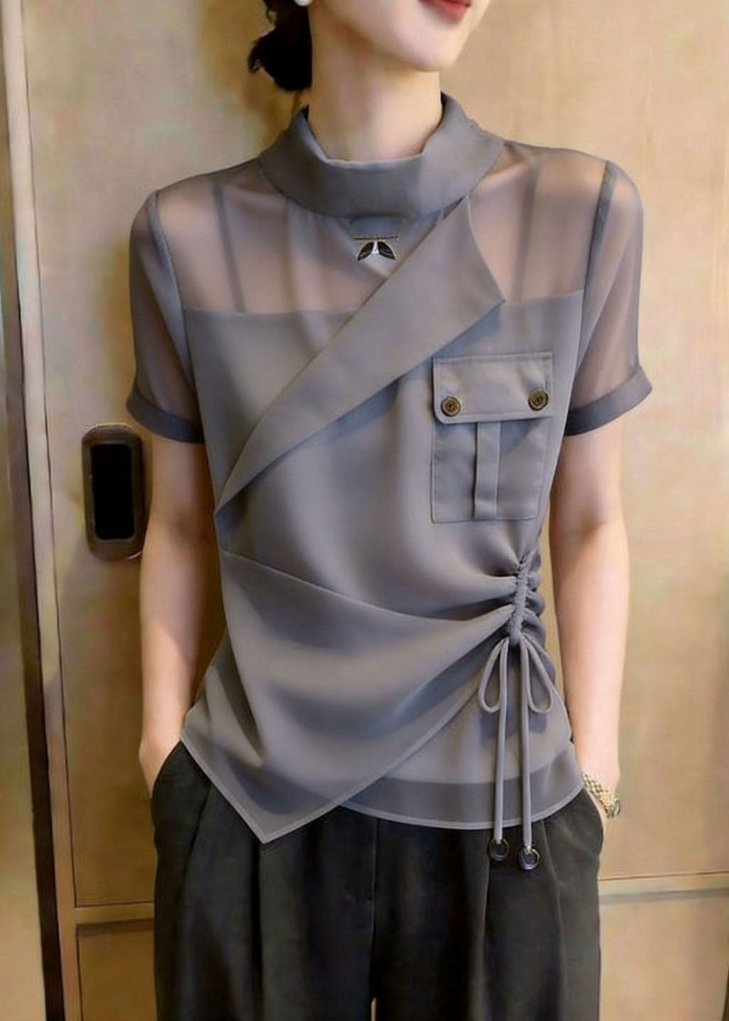Women's Shirt Top Stand Collar Asymmetrical Design Drawstring 4