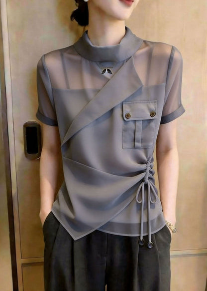 Women's Shirt Top Stand Collar Asymmetrical Design Drawstring 4