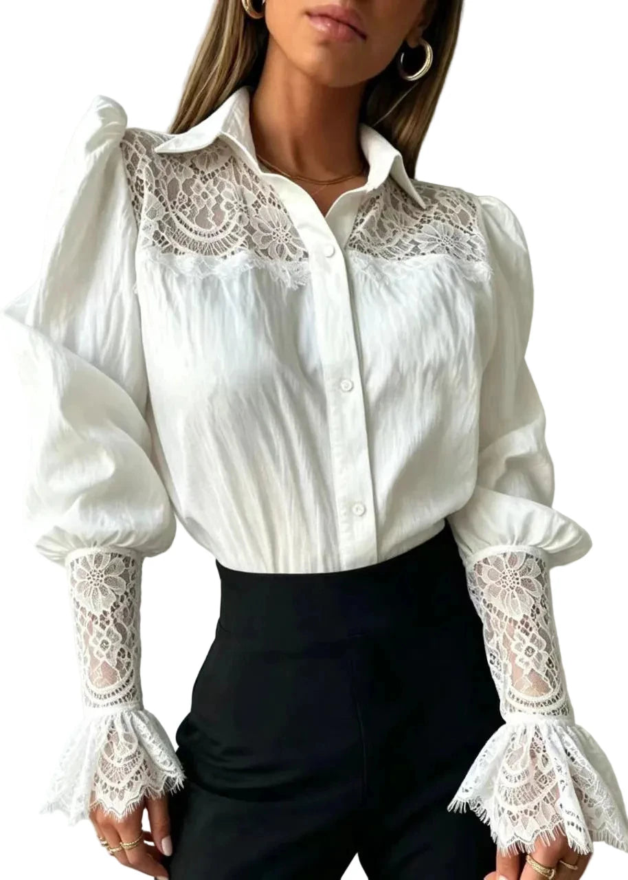 Women's Shirt Turn-Down Collar Patchwork Lace Design 0