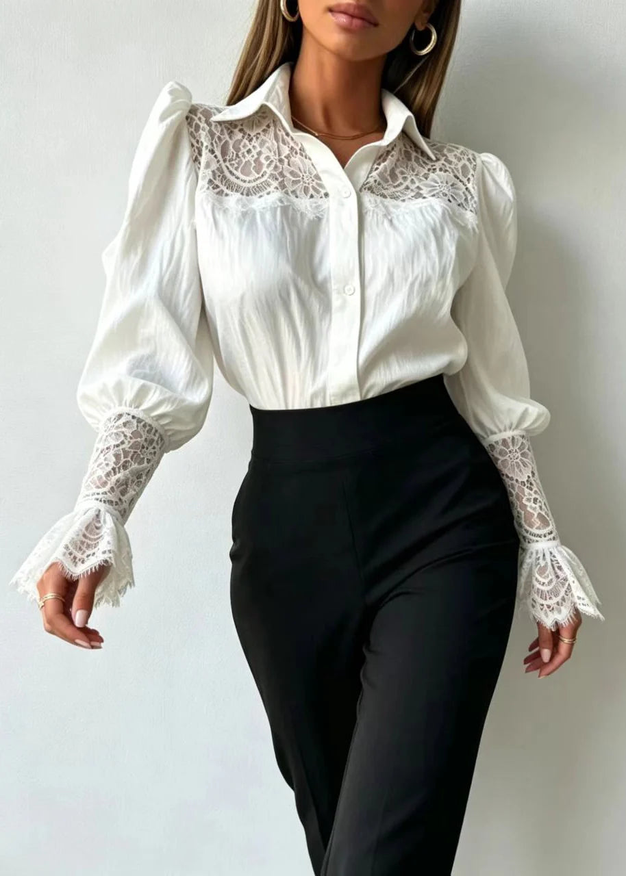 Women's Shirt Turn-Down Collar Patchwork Lace Design 1