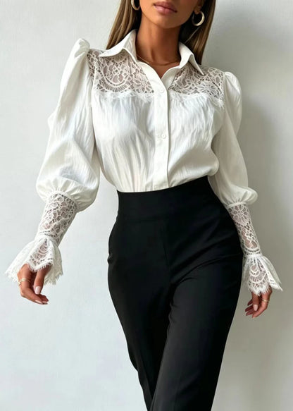 Women's Shirt Turn-Down Collar Patchwork Lace Design 1