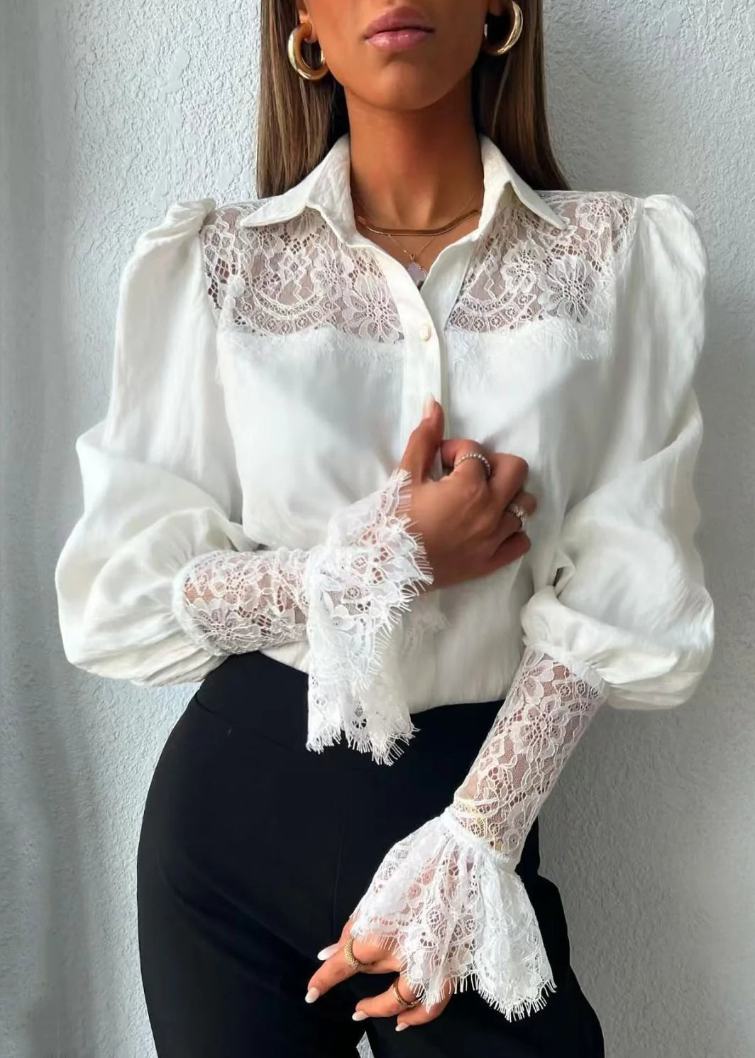 Women's Shirt Turn-Down Collar Patchwork Lace Design 2