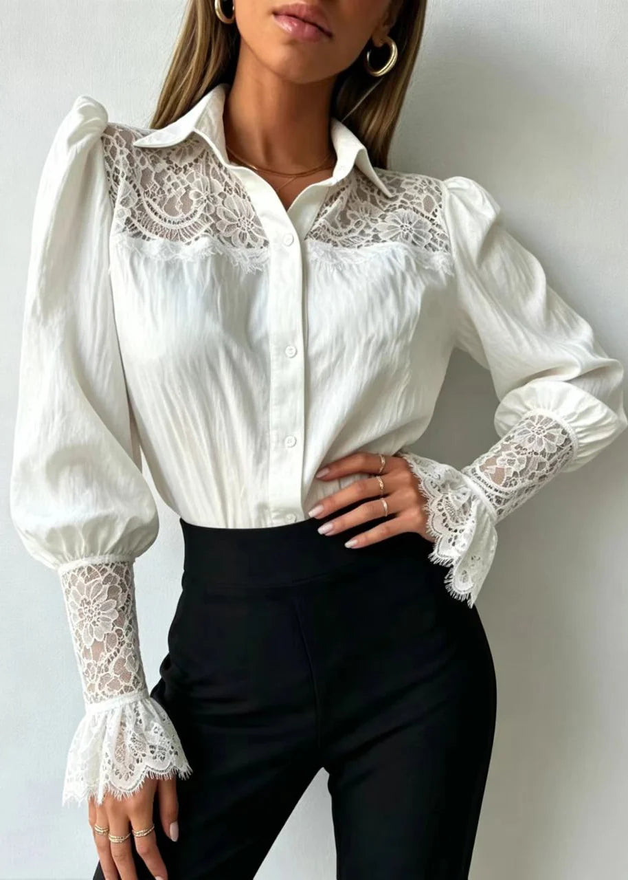 Women's Shirt Turn-Down Collar Patchwork Lace Design 3