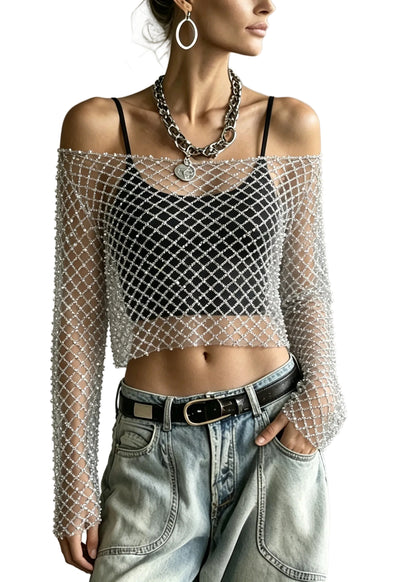 Women's Short Going Out Top with Beaded Detail 0