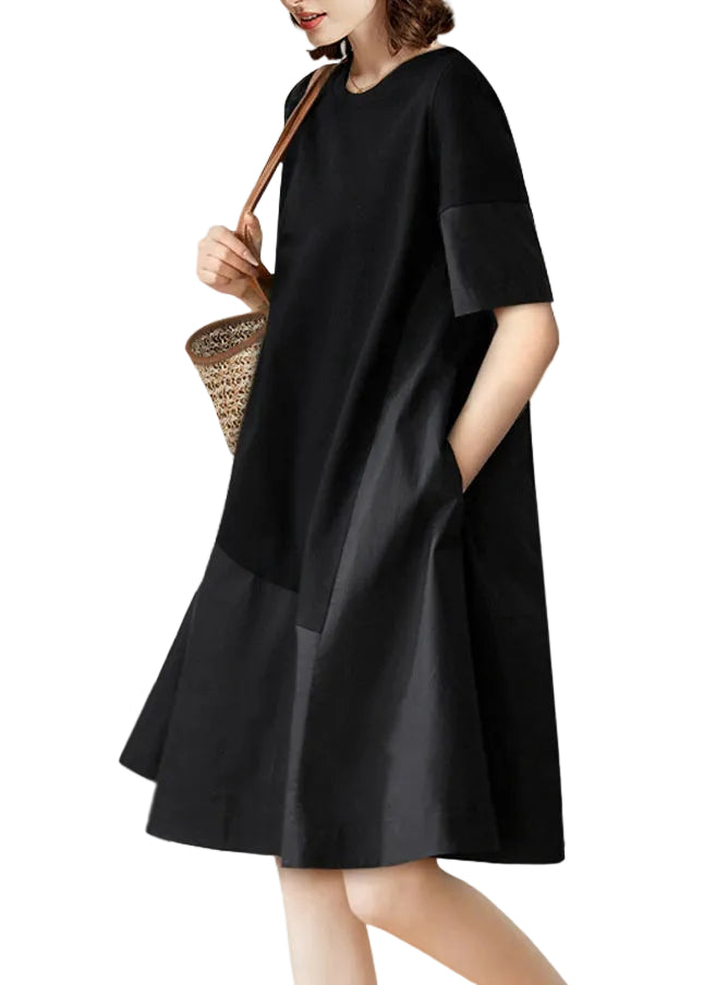 Women's Short Sleeve Dress O-Neck Patchwork Style 0