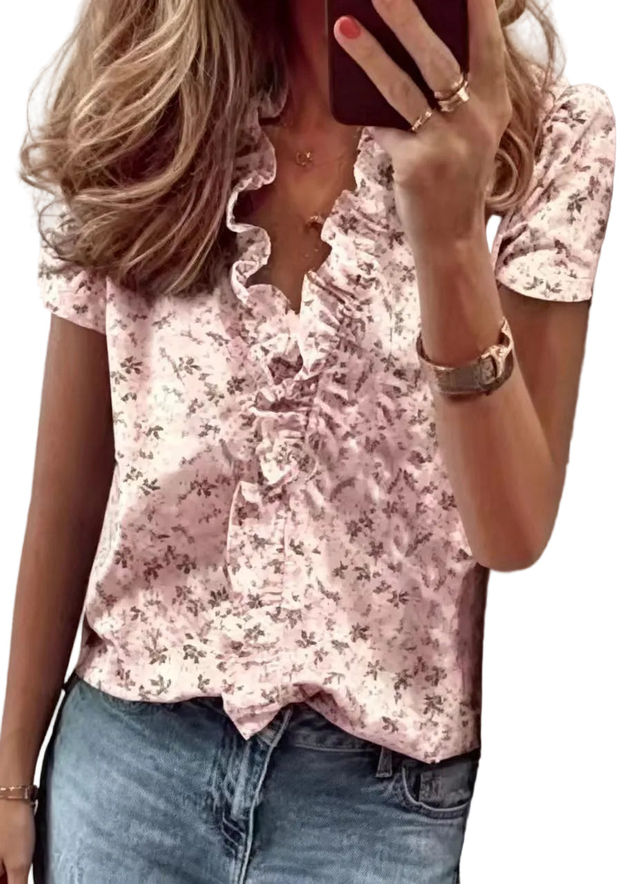 Women's Short Sleeve Shirt Ruffled Print 0