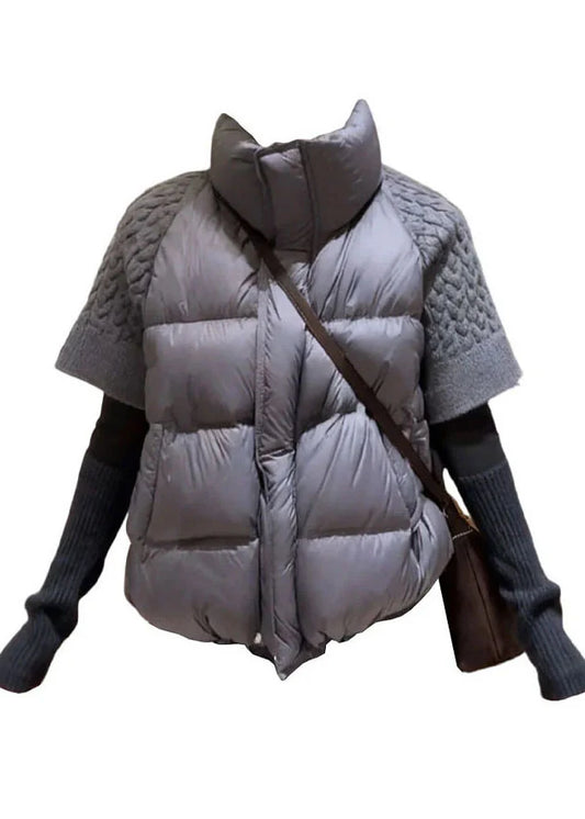Women's Short Sleeve Vest Stand Collar Patchwork Knit Style 0