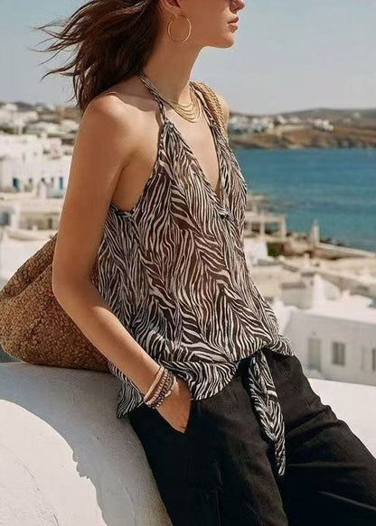 Women's Sleeveless Beach Vest Zebra Pattern Lace-Up V Neck 0