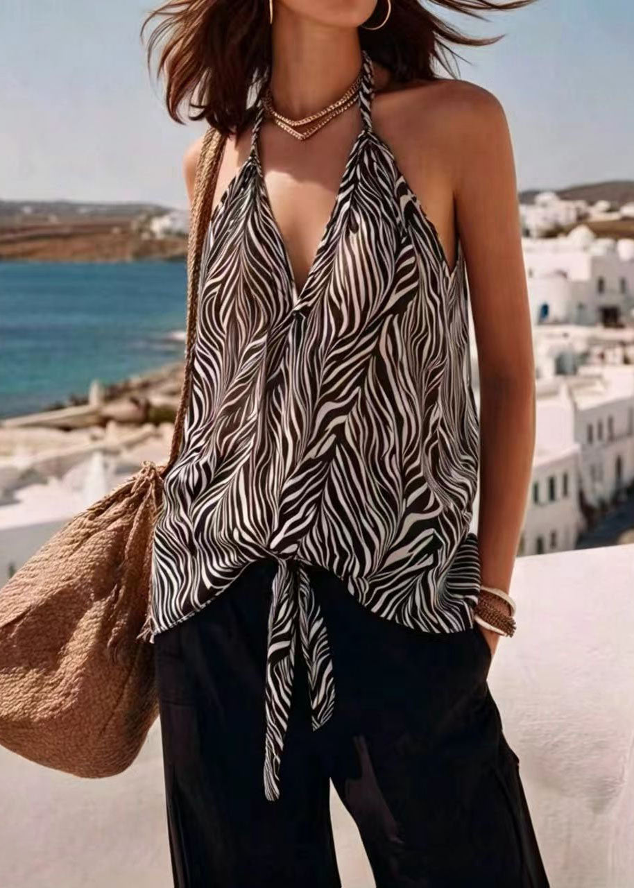 Women's Sleeveless Beach Vest Zebra Pattern Lace-Up V Neck 1