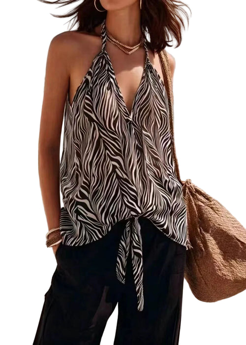 Women's Sleeveless Beach Vest Zebra Pattern Lace-Up V Neck 3