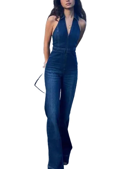 Women's Sleeveless Denim Jumpsuit with Peter Pan Collar and Zipper 0