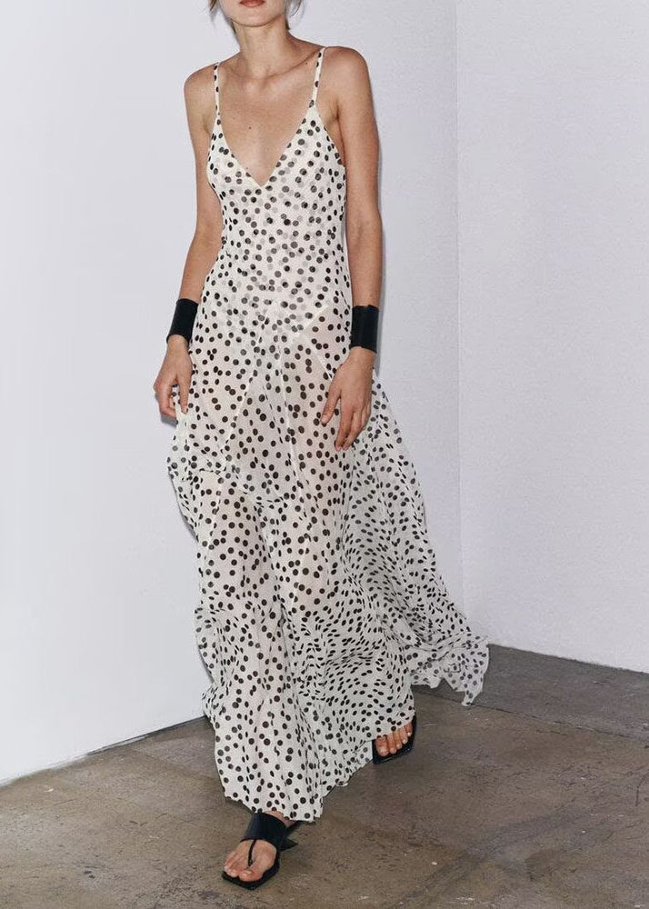 Women's Sleeveless Dress Backless Dot Print Spaghetti Strap 0