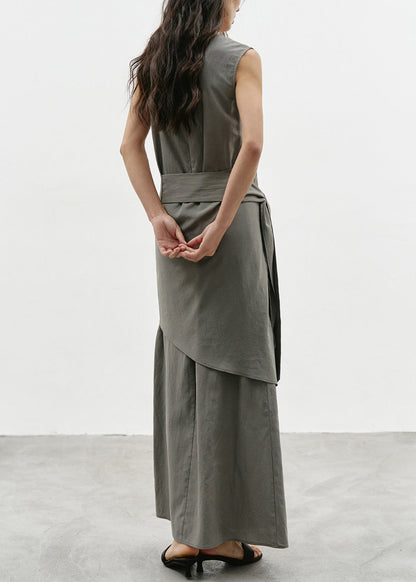 Women's Sleeveless Dress V Neck Asymmetrical Tie Waist 4