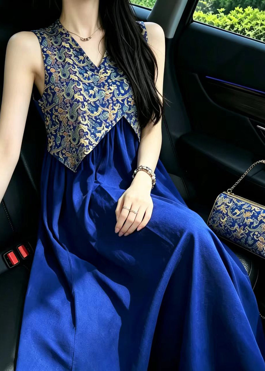 Women's Sleeveless Dress V Neck Jacquard Patchwork 3