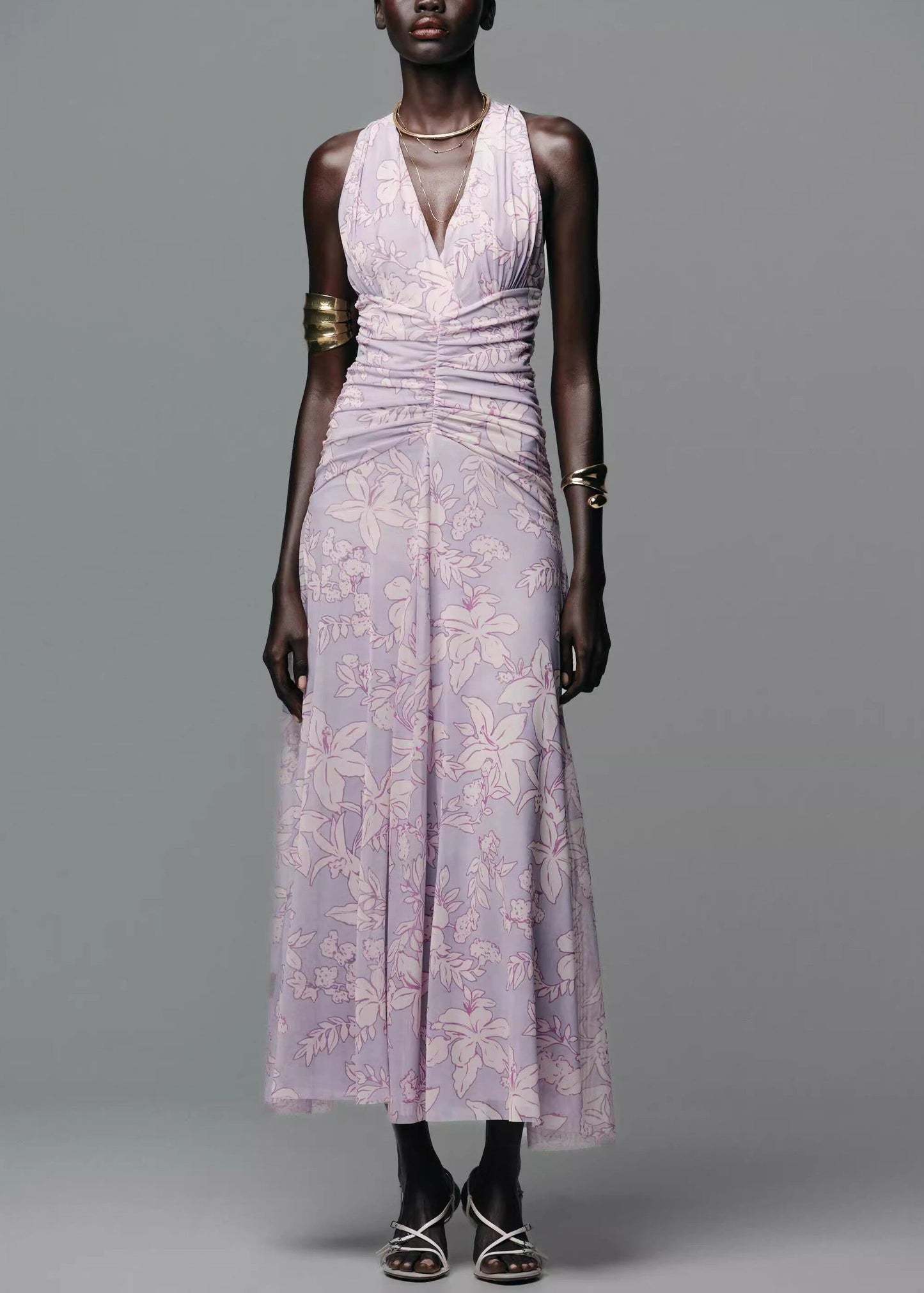 Women's Sleeveless Dress V Neck Printed Tulle 1