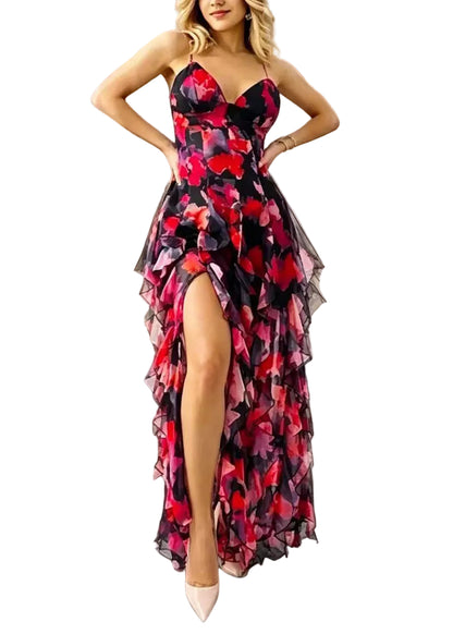 Women's Sleeveless Dress V Neck Ruffled Side Open Design 0