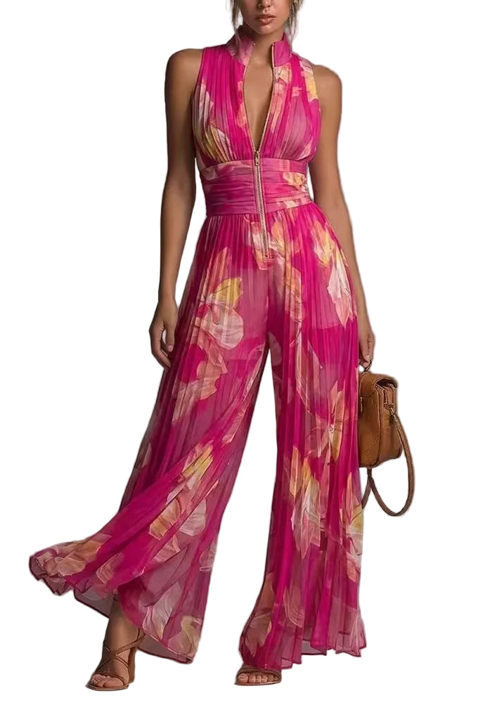 Women's Sleeveless Jumpsuit Stand Collar Wrinkled Print 0