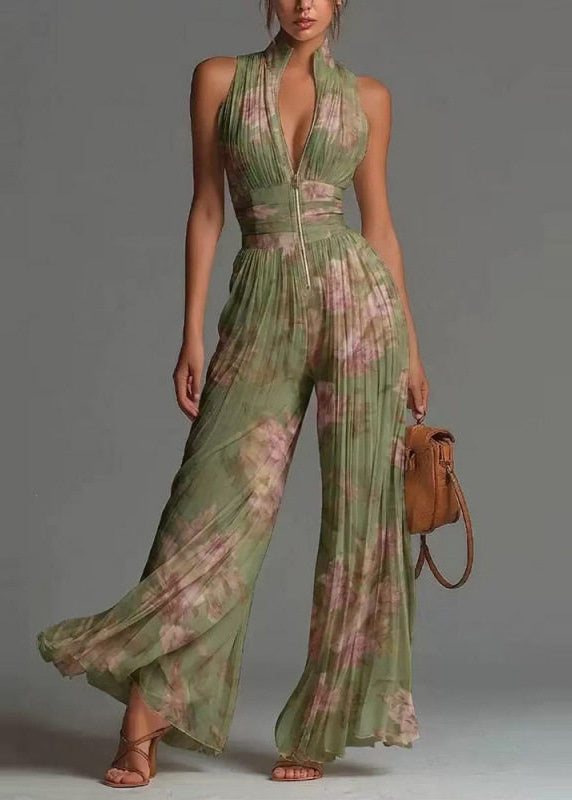 Women's Sleeveless Jumpsuit Stand Collar Wrinkled Print 1