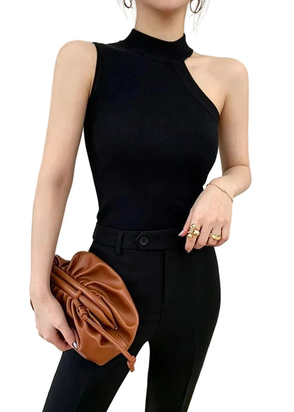 Women's Sleeveless Knit Tank Asymmetrical Mock Neck 0