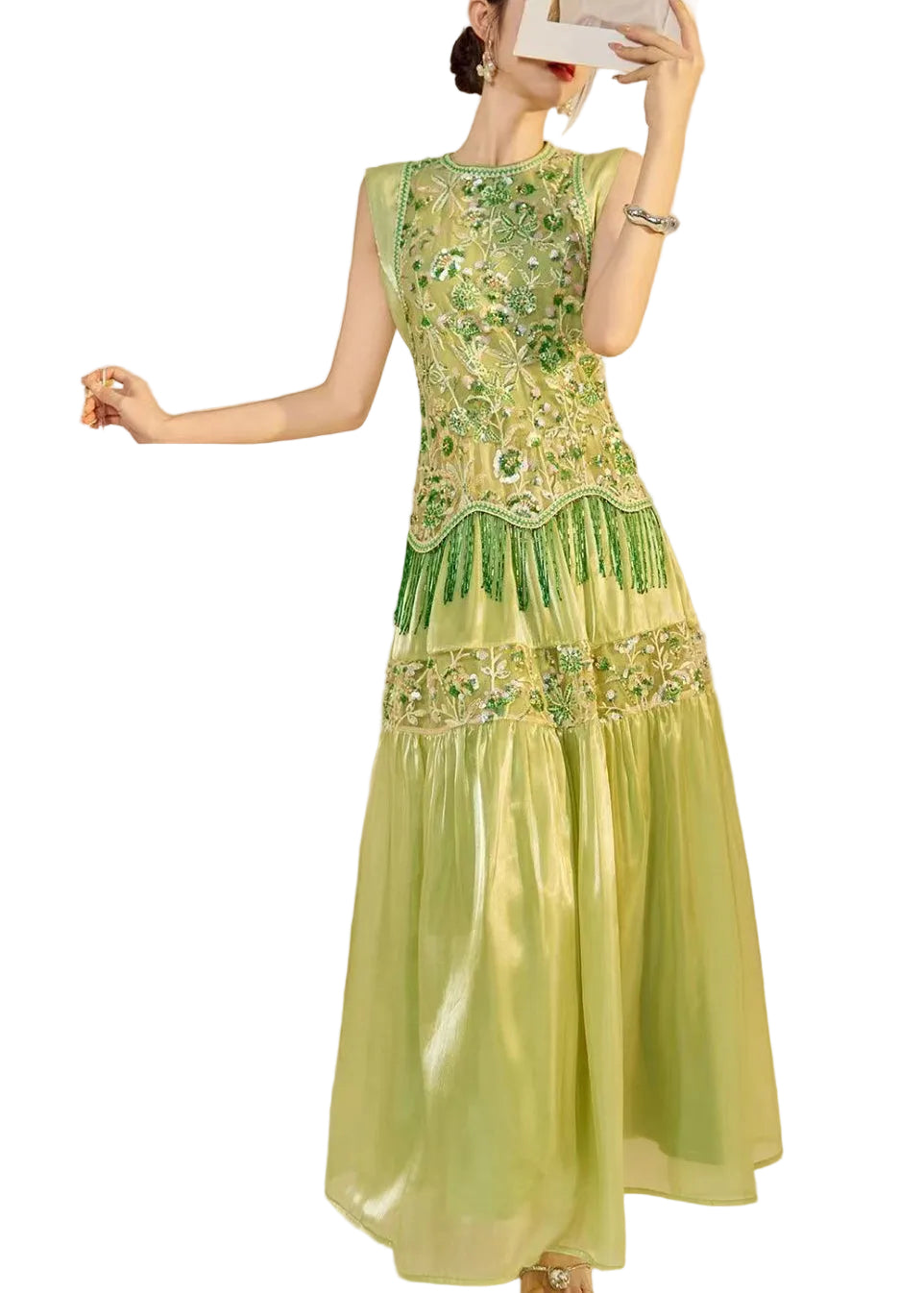Women's Sleeveless Long Dress Embroidered Beaded Tulle 0
