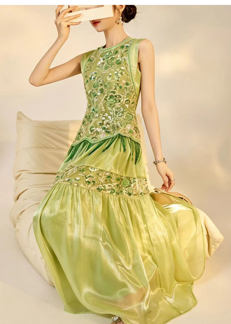 Women's Sleeveless Long Dress Embroidered Beaded Tulle 2
