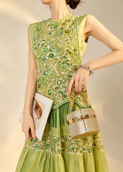 Women's Sleeveless Long Dress Embroidered Beaded Tulle 4