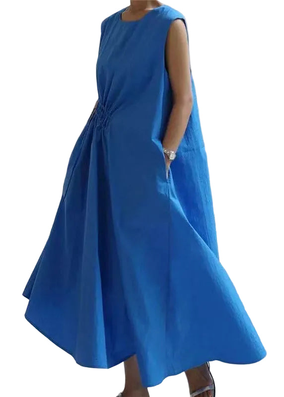 Women's Sleeveless Long Dress O-Neck Drawstring Loose Fit 0