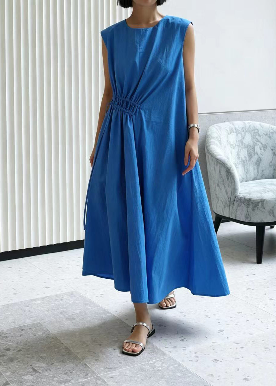 Women's Sleeveless Long Dress O-Neck Drawstring Loose Fit 1