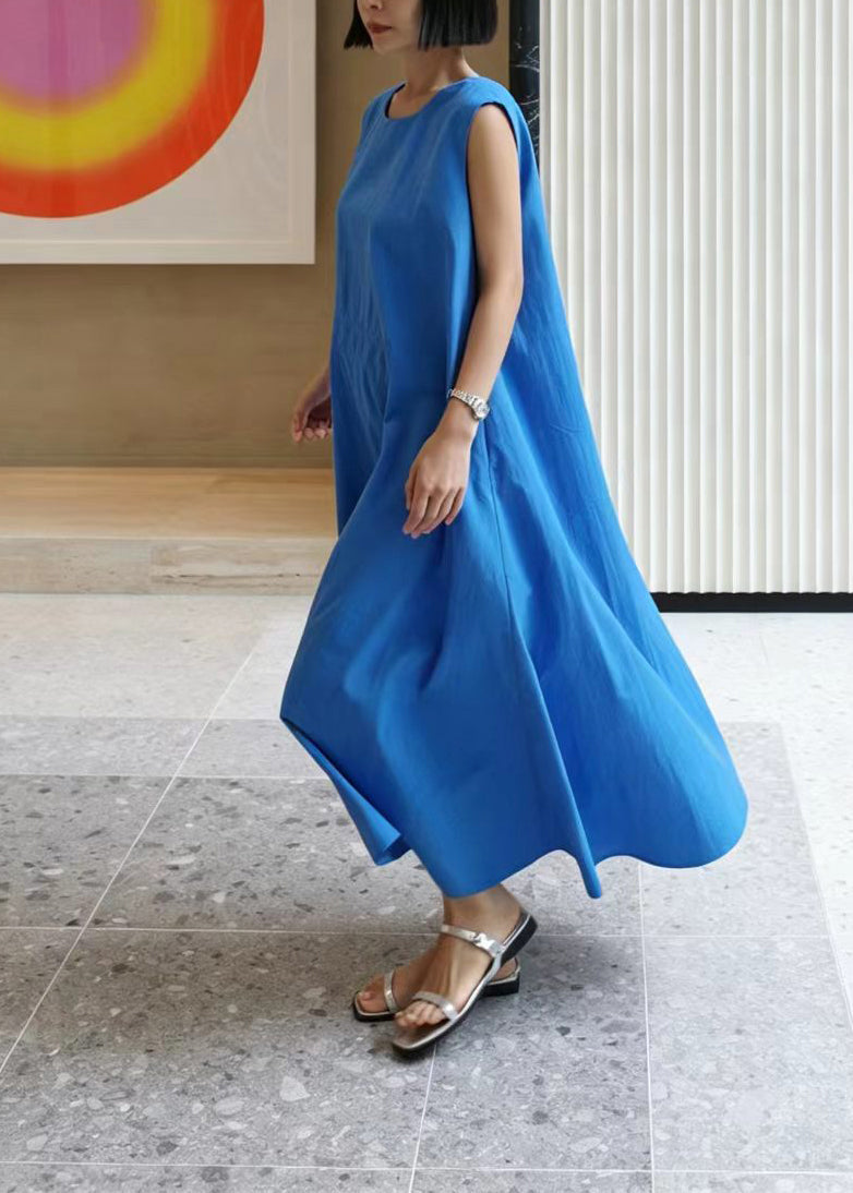 Women's Sleeveless Long Dress O-Neck Drawstring Loose Fit 4
