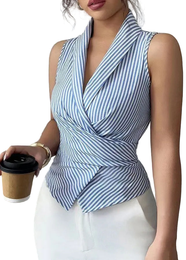 Women's Sleeveless Shirt V Neck Lace-Up Striped 0