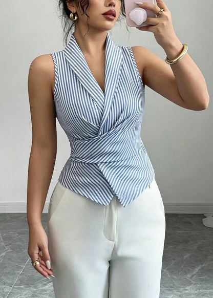 Women's Sleeveless Shirt V Neck Lace-Up Striped 1
