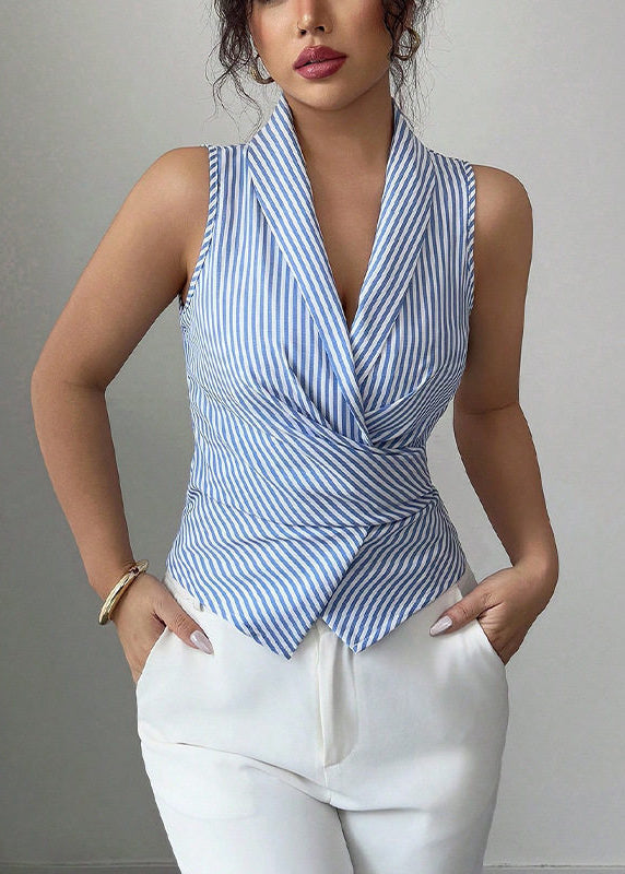Women's Sleeveless Shirt V Neck Lace-Up Striped 2