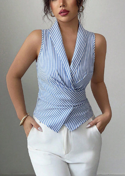 Women's Sleeveless Shirt V Neck Lace-Up Striped 2