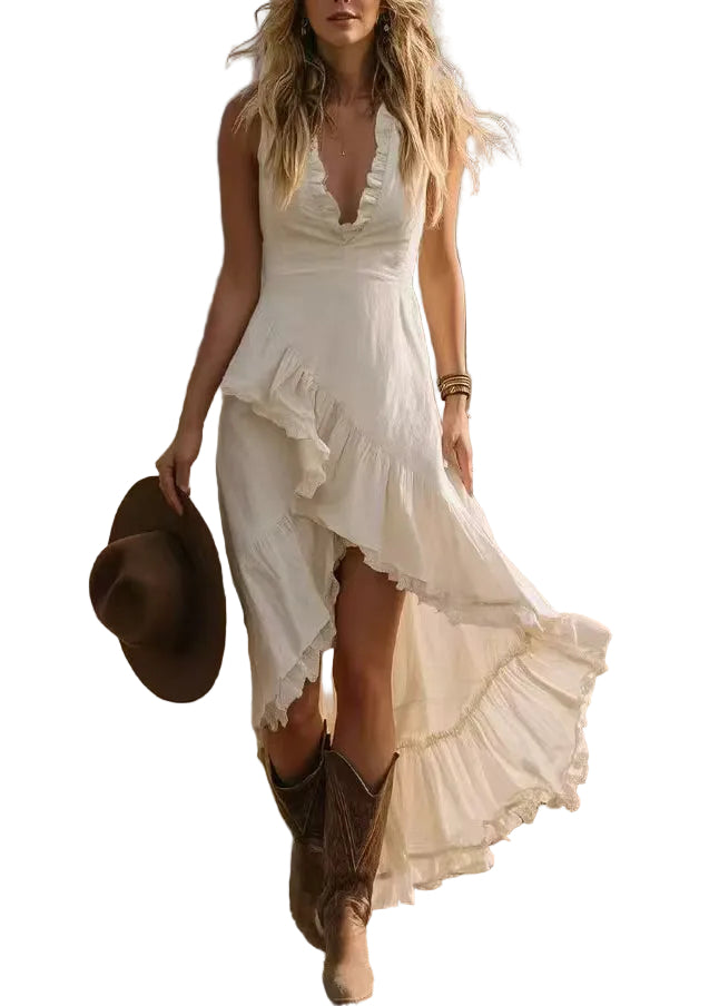Women's Sleeveless Summer Dress V Neck Ruffled Asymmetrical 0