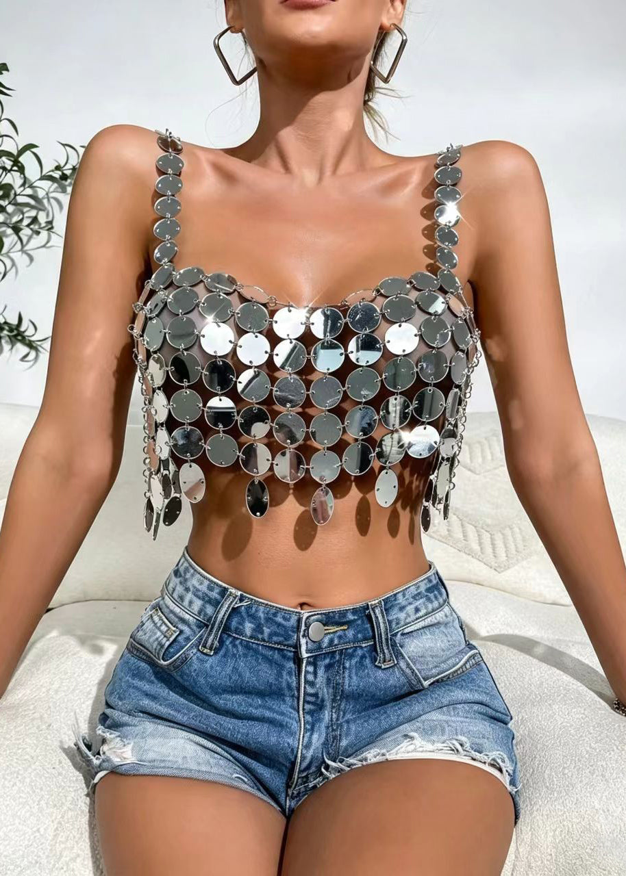 Women's Sleeveless Tank Top Cut Out Sequined Style 0