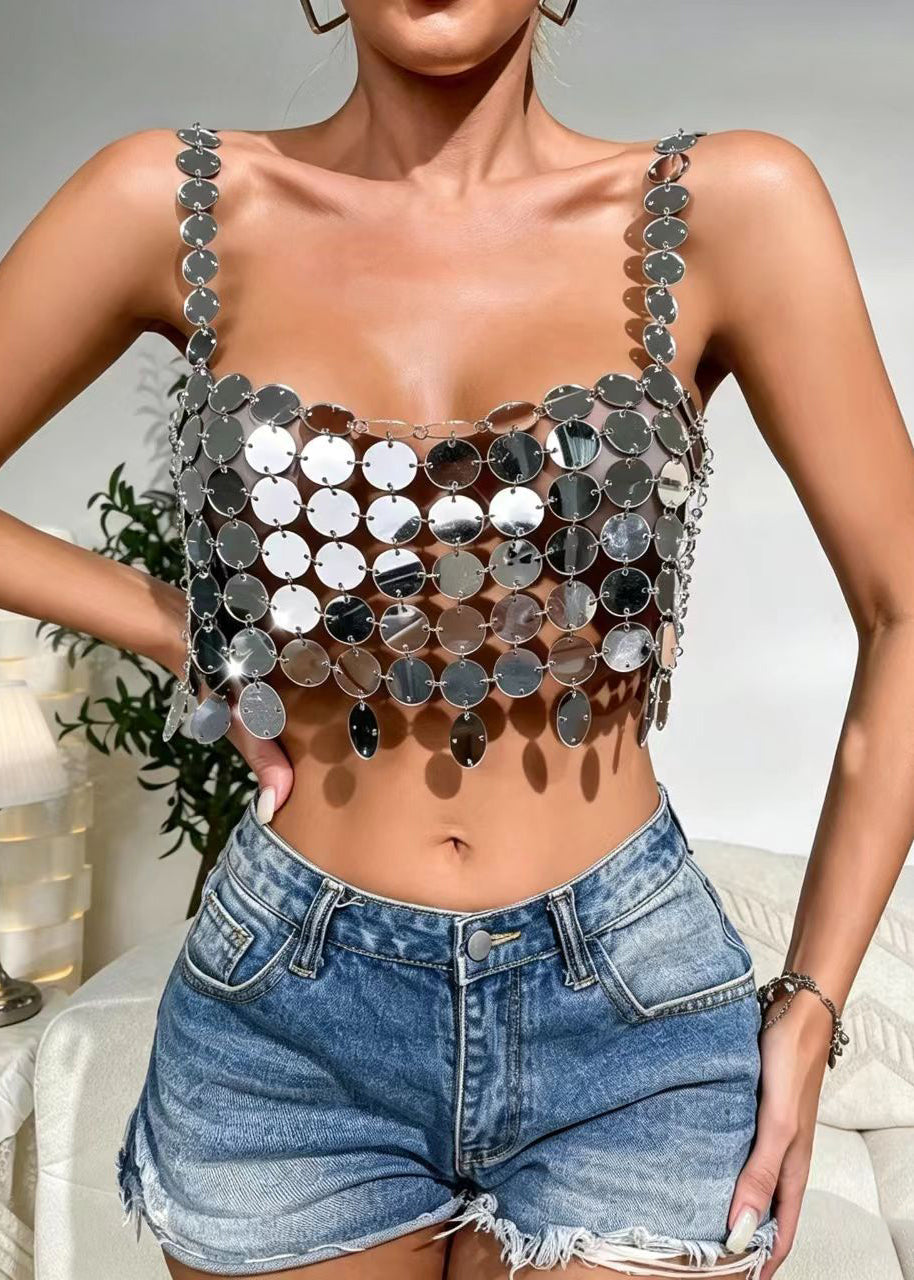 Women's Sleeveless Tank Top Cut Out Sequined Style 3