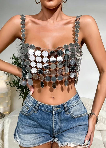 Women's Sleeveless Tank Top Cut Out Sequined Style 3