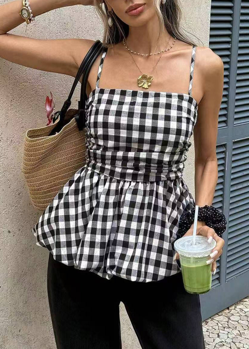 Women's Sleeveless Tank Top Plaid Wrinkled Style 1