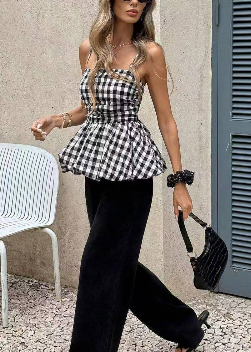 Women's Sleeveless Tank Top Plaid Wrinkled Style 2