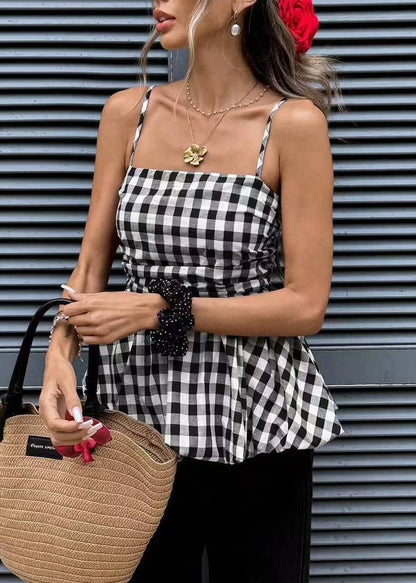 Women's Sleeveless Tank Top Plaid Wrinkled Style 3