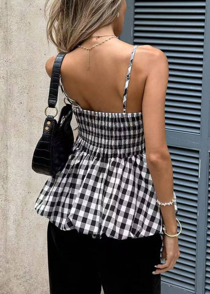 Women's Sleeveless Tank Top Plaid Wrinkled Style 4