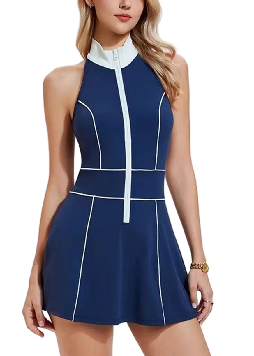 Women's Sleeveless Tennis Dress Stand Collar Half-Zip with Built-In Shorts 0