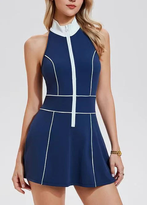 Women's Sleeveless Tennis Dress Stand Collar Half-Zip with Built-In Shorts 2