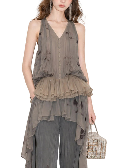 Women's Sleeveless Top V Neck Jacquard Layered Ruffled 0
