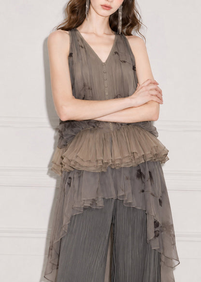 Women's Sleeveless Top V Neck Jacquard Layered Ruffled 1
