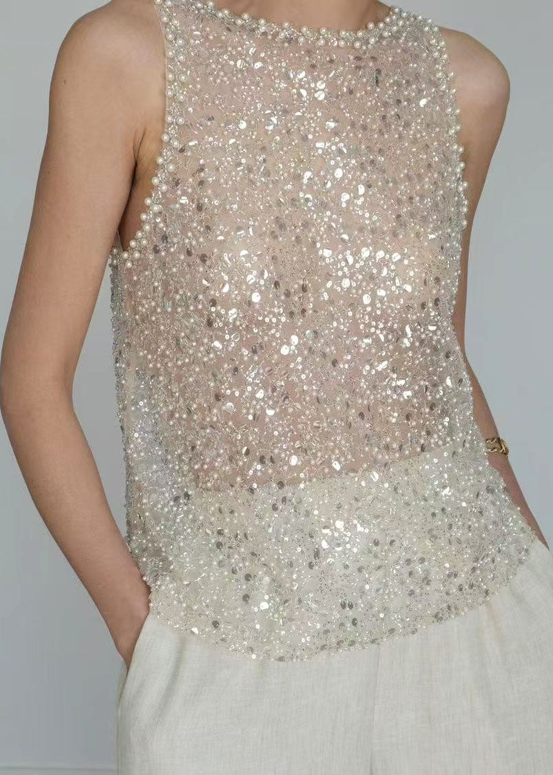 Women's Sleeveless Tulle Top Sequined Design 0