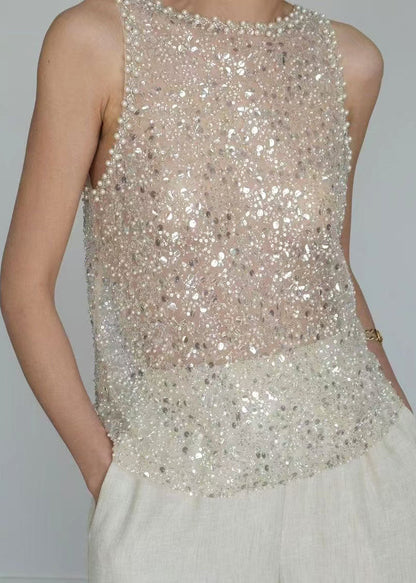 Women's Sleeveless Tulle Top Sequined Design 0