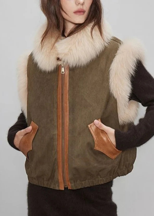 Women's Sleeveless Waistcoat with Fur Collar and Pockets 0