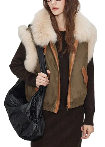 Women's Sleeveless Waistcoat with Fur Collar and Pockets 3