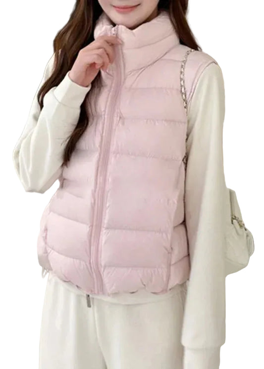 Women's Sleeveless Waistcoat with Stand Collar and Zippered Patchwork 0